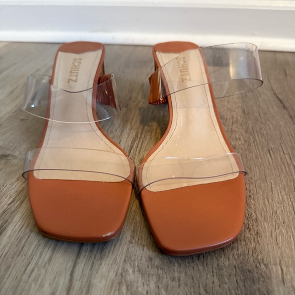 Schutz Ariella Light Brown/Orange High Heel PVC Transparent Sandals Womens 8.5B - Picture 2 of 6